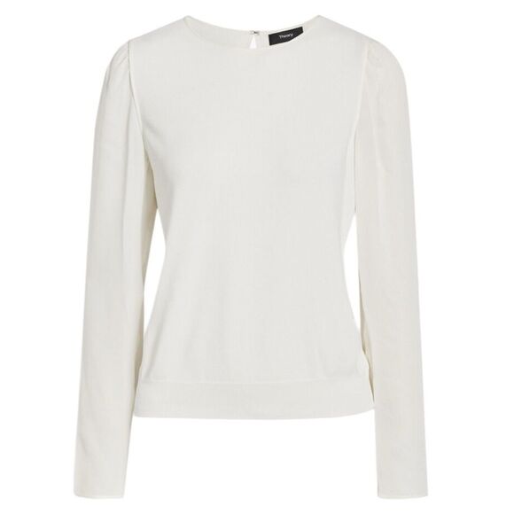 Theory Crepe Knit Silk Puff Sleeve Top Large Ivory - Picture 3 of 16